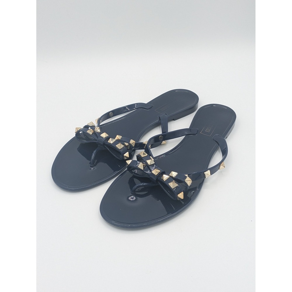 Victoria Adames Chic Bow Jelly Sandals 10 Navy Gold Rockstud Edgy Designer Style